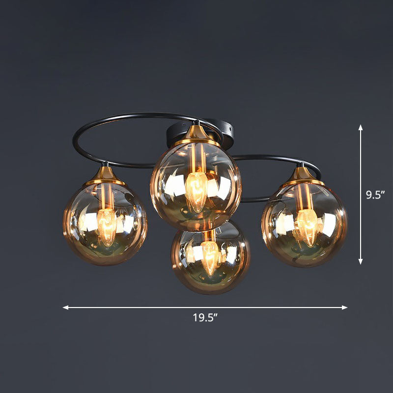 Ball Semi Flush Chandelier Post-Modern Glass Black Ceiling Mount Light for Living Room 4 Amber Clearhalo 'Ceiling Lights' 'Close To Ceiling Lights' 'Close to ceiling' 'Semi-flushmount' Lighting' 2269032