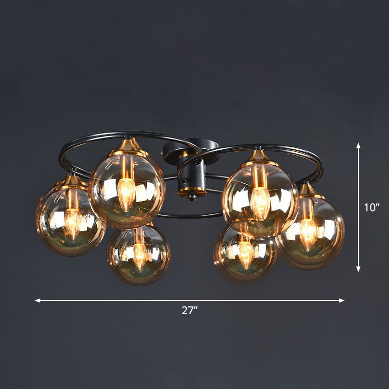 Ball Semi Flush Chandelier Post-Modern Glass Black Ceiling Mount Light for Living Room 6 Amber Clearhalo 'Ceiling Lights' 'Close To Ceiling Lights' 'Close to ceiling' 'Semi-flushmount' Lighting' 2269033