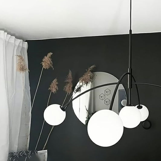 Black Arc Shaped Suspension Lamp Modern 5-Head Milky Ball Glass Chandelier for Dining Room Clearhalo 'Ceiling Lights' 'Chandeliers' 'Modern Chandeliers' 'Modern' Lighting' 2269052