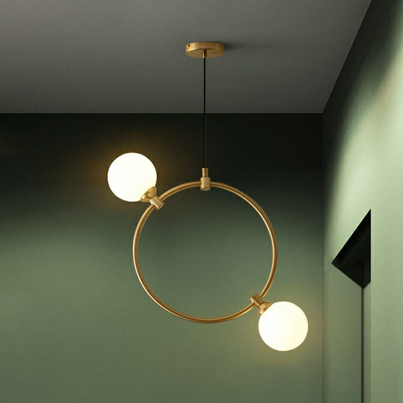 Simple Style Ball Pendant Chandelier Opal Glass 2-Bulb Dining Room Ceiling Light with Ring Deco in Gold Clearhalo 'Ceiling Lights' 'Chandeliers' 'Modern Chandeliers' 'Modern' Lighting' 2269054