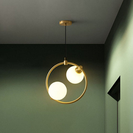Simple Style Ball Pendant Chandelier Opal Glass 2-Bulb Dining Room Ceiling Light with Ring Deco in Gold Clearhalo 'Ceiling Lights' 'Chandeliers' 'Modern Chandeliers' 'Modern' Lighting' 2269055