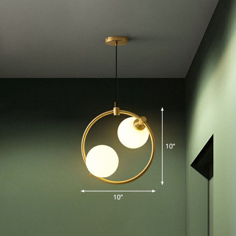Simple Style Ball Pendant Chandelier Opal Glass 2-Bulb Dining Room Ceiling Light with Ring Deco in Gold Gold Small Clearhalo 'Ceiling Lights' 'Chandeliers' 'Modern Chandeliers' 'Modern' Lighting' 2269056