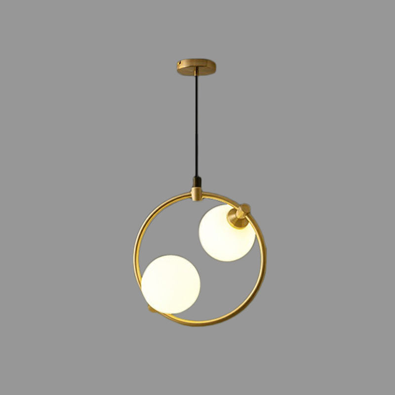 Simple Style Ball Pendant Chandelier Opal Glass 2-Bulb Dining Room Ceiling Light with Ring Deco in Gold Clearhalo 'Ceiling Lights' 'Chandeliers' 'Modern Chandeliers' 'Modern' Lighting' 2269058