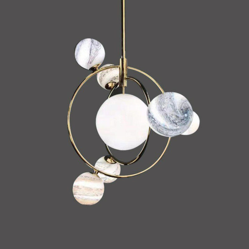 Postmodern Creative Chandelier Gold Orbital Planet Pendant Light with Stained Glass Shade Clearhalo 'Ceiling Lights' 'Chandeliers' 'Modern Chandeliers' 'Modern' Lighting' 2269059