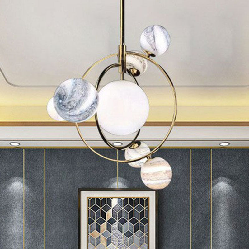 Postmodern Creative Chandelier Gold Orbital Planet Pendant Light with Stained Glass Shade Clearhalo 'Ceiling Lights' 'Chandeliers' 'Modern Chandeliers' 'Modern' Lighting' 2269060