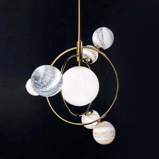 Postmodern Creative Chandelier Gold Orbital Planet Pendant Light with Stained Glass Shade Clearhalo 'Ceiling Lights' 'Chandeliers' 'Modern Chandeliers' 'Modern' Lighting' 2269062