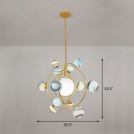 Postmodern Creative Chandelier Gold Orbital Planet Pendant Light with Stained Glass Shade 13 Gold Clearhalo 'Ceiling Lights' 'Chandeliers' 'Modern Chandeliers' 'Modern' Lighting' 2269063