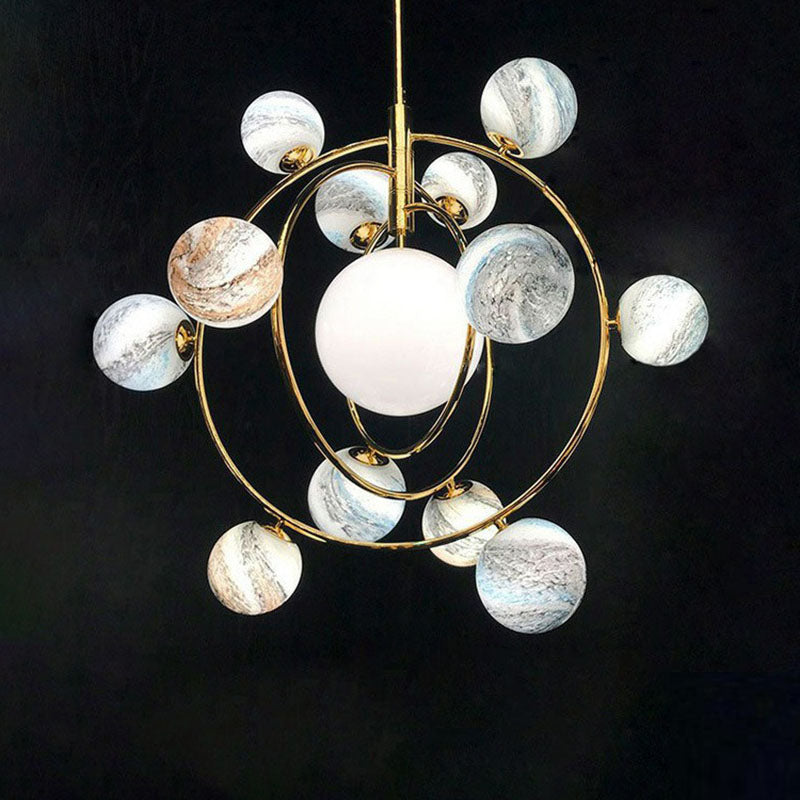 Postmodern Creative Chandelier Gold Orbital Planet Pendant Light with Stained Glass Shade Clearhalo 'Ceiling Lights' 'Chandeliers' 'Modern Chandeliers' 'Modern' Lighting' 2269064