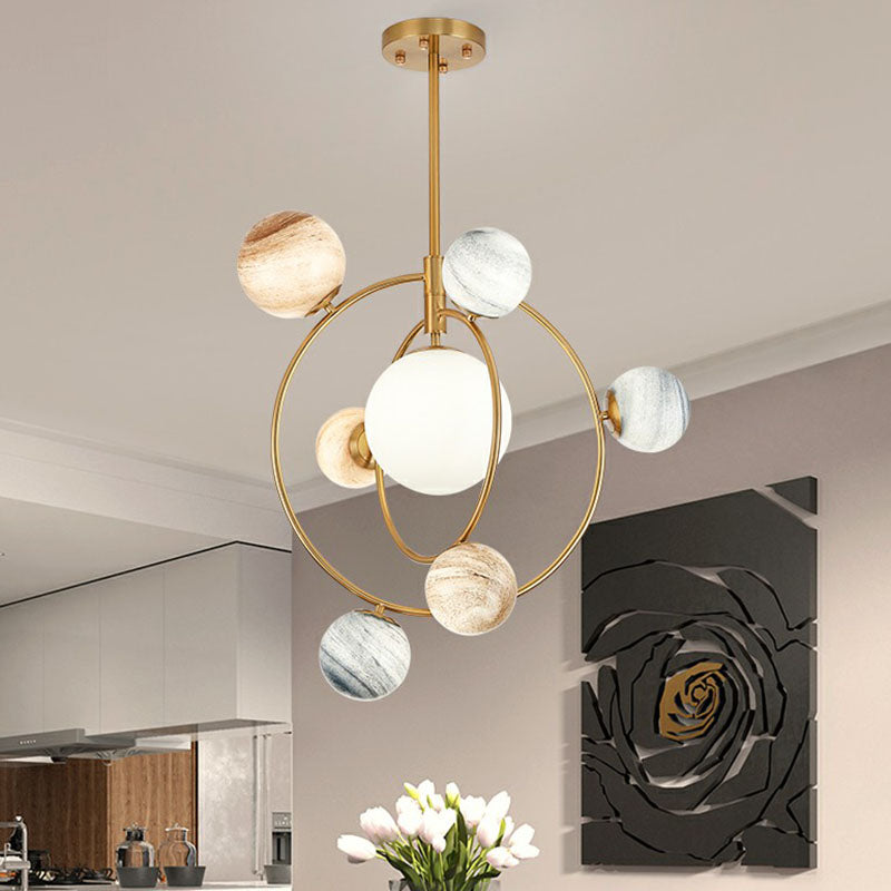 Planet Childrens Bedroom Chandelier Stained Glass 7-Light Modern Ceiling Light with Metal Ring in Gold Clearhalo 'Ceiling Lights' 'Chandeliers' 'Modern Chandeliers' 'Modern' Lighting' 2269066