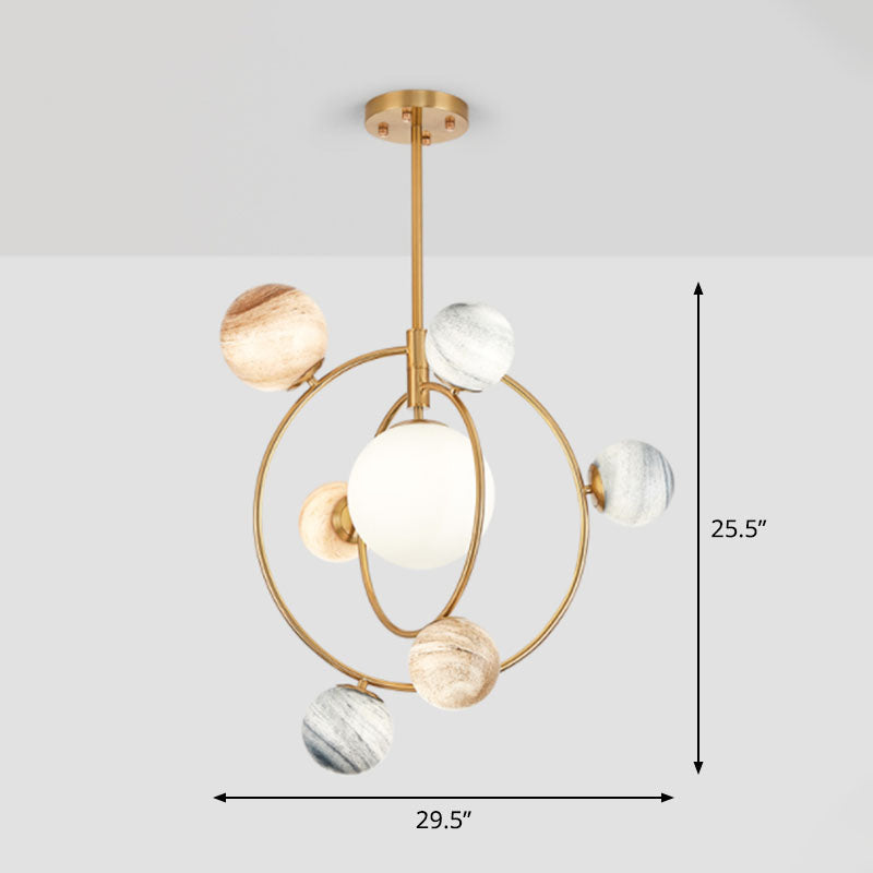 Planet Childrens Bedroom Chandelier Stained Glass 7-Light Modern Ceiling Light with Metal Ring in Gold Gold A Clearhalo 'Ceiling Lights' 'Chandeliers' 'Modern Chandeliers' 'Modern' Lighting' 2269067