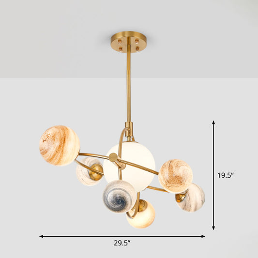 Planet Childrens Bedroom Chandelier Stained Glass 7-Light Modern Ceiling Light with Metal Ring in Gold Gold B Clearhalo 'Ceiling Lights' 'Chandeliers' 'Modern Chandeliers' 'Modern' Lighting' 2269068
