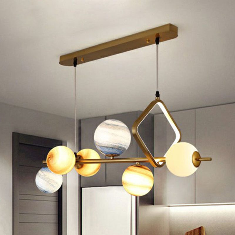 Nordic Planet Hanging Light Stained Glass 7 Heads Dining Room Chandelier in Gold Clearhalo 'Ceiling Lights' 'Chandeliers' 'Modern Chandeliers' 'Modern' Lighting' 2269071