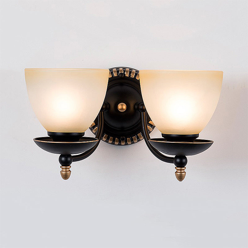 Black 1/2-Light Sconce Light Retro Frosted Glass Bowl Shade Wall Lamp for Dining Room Clearhalo 'Wall Lamps & Sconces' 'Wall Lights' Lighting' 226912