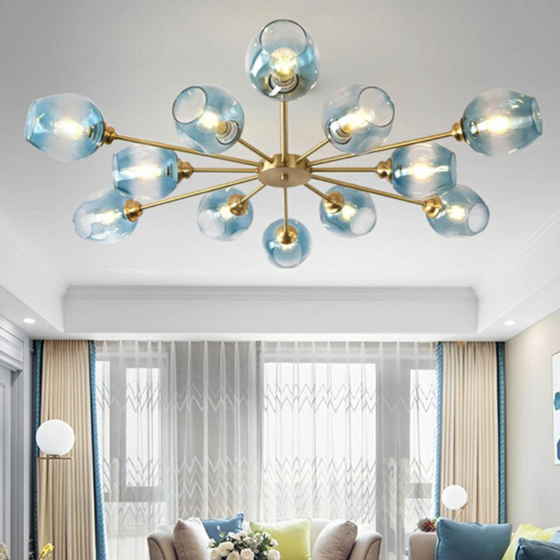 Postmodern Sputnik Ceiling Mount Chandelier Cup Glass Parlor Semi Flush Light in Brass Clearhalo 'Ceiling Lights' 'Close To Ceiling Lights' 'Close to ceiling' 'Semi-flushmount' Lighting' 2269129