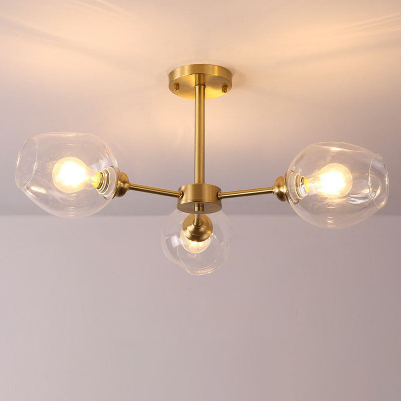 Postmodern Sputnik Ceiling Mount Chandelier Cup Glass Parlor Semi Flush Light in Brass 3 Clear Clearhalo 'Ceiling Lights' 'Close To Ceiling Lights' 'Close to ceiling' 'Semi-flushmount' Lighting' 2269130