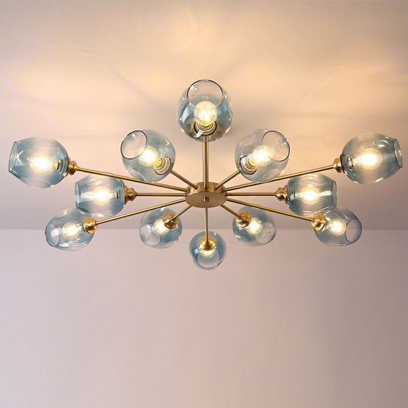 Postmodern Sputnik Ceiling Mount Chandelier Cup Glass Parlor Semi Flush Light in Brass Clearhalo 'Ceiling Lights' 'Close To Ceiling Lights' 'Close to ceiling' 'Semi-flushmount' Lighting' 2269131