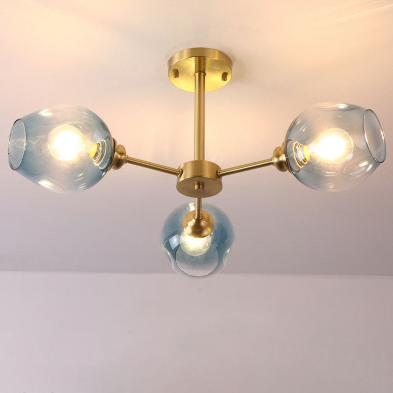 Postmodern Sputnik Ceiling Mount Chandelier Cup Glass Parlor Semi Flush Light in Brass 3 Blue Clearhalo 'Ceiling Lights' 'Close To Ceiling Lights' 'Close to ceiling' 'Semi-flushmount' Lighting' 2269133