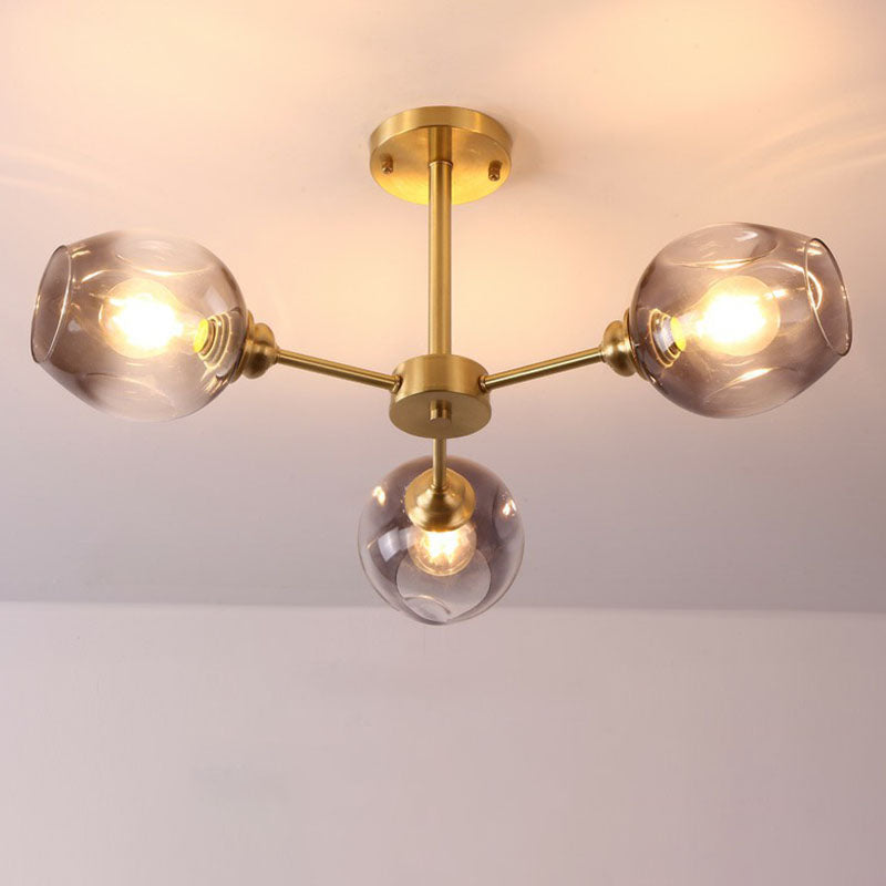 Postmodern Sputnik Ceiling Mount Chandelier Cup Glass Parlor Semi Flush Light in Brass 3 Black Clearhalo 'Ceiling Lights' 'Close To Ceiling Lights' 'Close to ceiling' 'Semi-flushmount' Lighting' 2269136