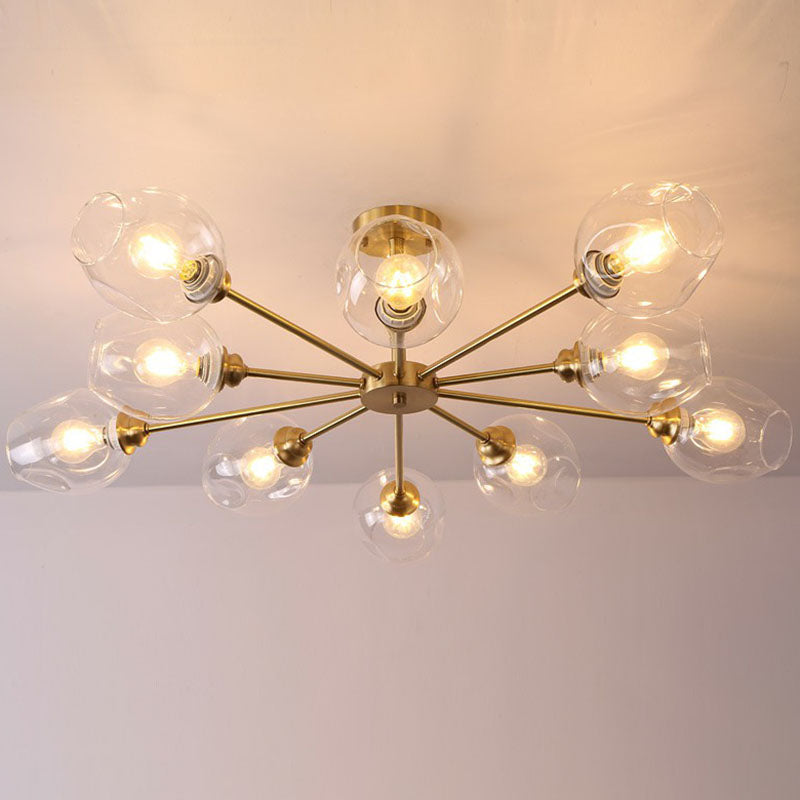 Postmodern Sputnik Ceiling Mount Chandelier Cup Glass Parlor Semi Flush Light in Brass Clearhalo 'Ceiling Lights' 'Close To Ceiling Lights' 'Close to ceiling' 'Semi-flushmount' Lighting' 2269137