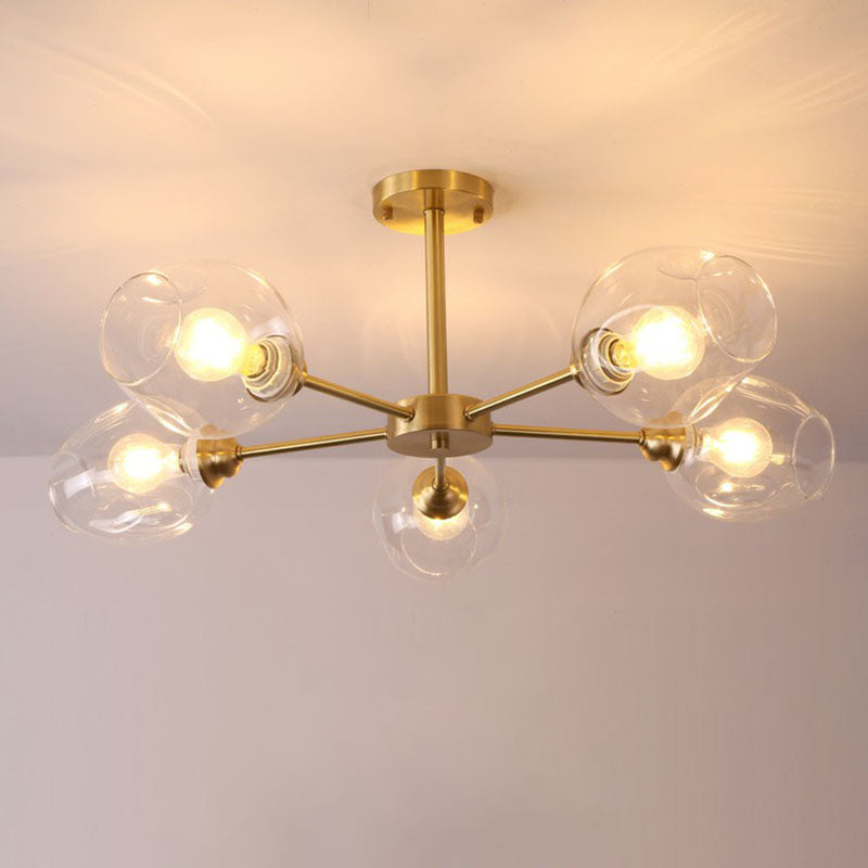 Postmodern Sputnik Ceiling Mount Chandelier Cup Glass Parlor Semi Flush Light in Brass 5 Clear Clearhalo 'Ceiling Lights' 'Close To Ceiling Lights' 'Close to ceiling' 'Semi-flushmount' Lighting' 2269138