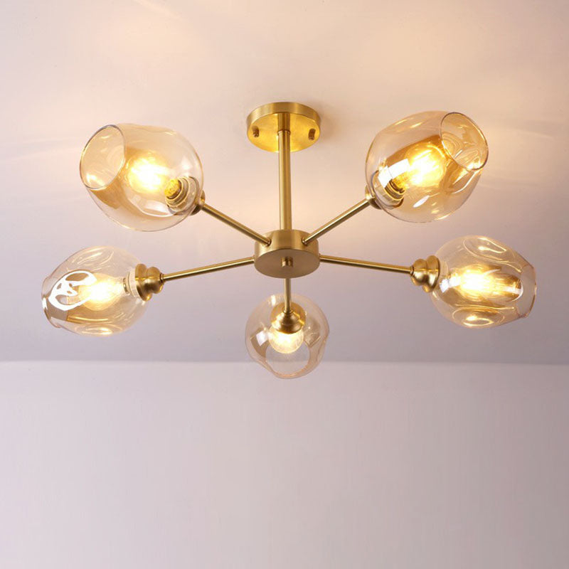 Postmodern Sputnik Ceiling Mount Chandelier Cup Glass Parlor Semi Flush Light in Brass 5 Amber Clearhalo 'Ceiling Lights' 'Close To Ceiling Lights' 'Close to ceiling' 'Semi-flushmount' Lighting' 2269139