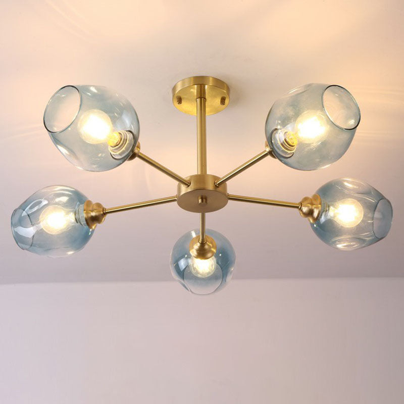 Postmodern Sputnik Ceiling Mount Chandelier Cup Glass Parlor Semi Flush Light in Brass 5 Blue Clearhalo 'Ceiling Lights' 'Close To Ceiling Lights' 'Close to ceiling' 'Semi-flushmount' Lighting' 2269140