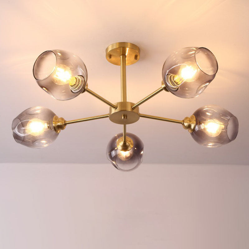 Postmodern Sputnik Ceiling Mount Chandelier Cup Glass Parlor Semi Flush Light in Brass 5 Black Clearhalo 'Ceiling Lights' 'Close To Ceiling Lights' 'Close to ceiling' 'Semi-flushmount' Lighting' 2269141