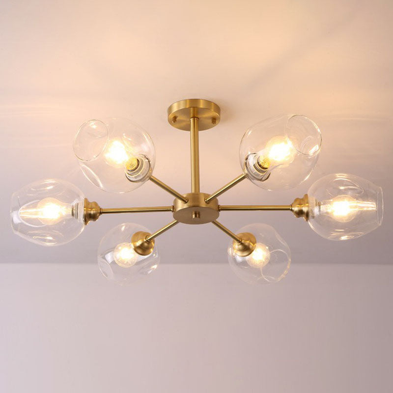 Postmodern Sputnik Ceiling Mount Chandelier Cup Glass Parlor Semi Flush Light in Brass 6 Clear Clearhalo 'Ceiling Lights' 'Close To Ceiling Lights' 'Close to ceiling' 'Semi-flushmount' Lighting' 2269142