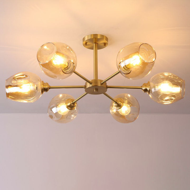 Postmodern Sputnik Ceiling Mount Chandelier Cup Glass Parlor Semi Flush Light in Brass 6 Amber Clearhalo 'Ceiling Lights' 'Close To Ceiling Lights' 'Close to ceiling' 'Semi-flushmount' Lighting' 2269143