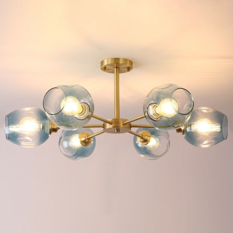 Postmodern Sputnik Ceiling Mount Chandelier Cup Glass Parlor Semi Flush Light in Brass 6 Blue Clearhalo 'Ceiling Lights' 'Close To Ceiling Lights' 'Close to ceiling' 'Semi-flushmount' Lighting' 2269144