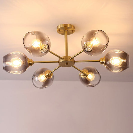 Postmodern Sputnik Ceiling Mount Chandelier Cup Glass Parlor Semi Flush Light in Brass 6 Black Clearhalo 'Ceiling Lights' 'Close To Ceiling Lights' 'Close to ceiling' 'Semi-flushmount' Lighting' 2269145