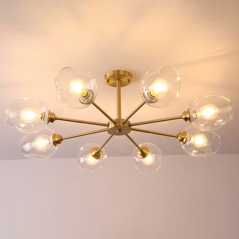 Postmodern Sputnik Ceiling Mount Chandelier Cup Glass Parlor Semi Flush Light in Brass 8 Clear Clearhalo 'Ceiling Lights' 'Close To Ceiling Lights' 'Close to ceiling' 'Semi-flushmount' Lighting' 2269146