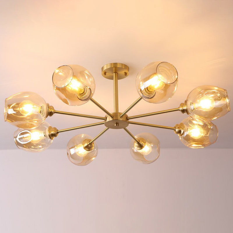 Postmodern Sputnik Ceiling Mount Chandelier Cup Glass Parlor Semi Flush Light in Brass 8 Amber Clearhalo 'Ceiling Lights' 'Close To Ceiling Lights' 'Close to ceiling' 'Semi-flushmount' Lighting' 2269147