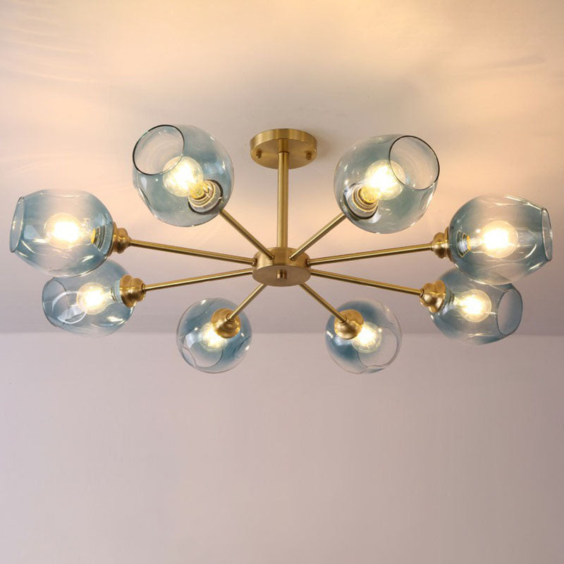 Postmodern Sputnik Ceiling Mount Chandelier Cup Glass Parlor Semi Flush Light in Brass 8 Blue Clearhalo 'Ceiling Lights' 'Close To Ceiling Lights' 'Close to ceiling' 'Semi-flushmount' Lighting' 2269148