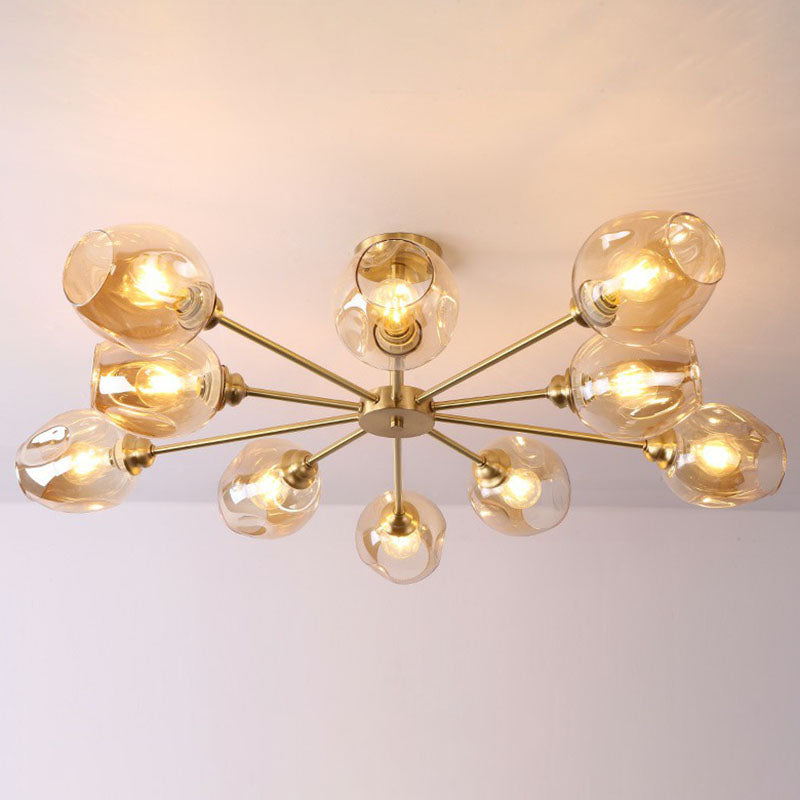 Postmodern Sputnik Ceiling Mount Chandelier Cup Glass Parlor Semi Flush Light in Brass 10 Amber Clearhalo 'Ceiling Lights' 'Close To Ceiling Lights' 'Close to ceiling' 'Semi-flushmount' Lighting' 2269151