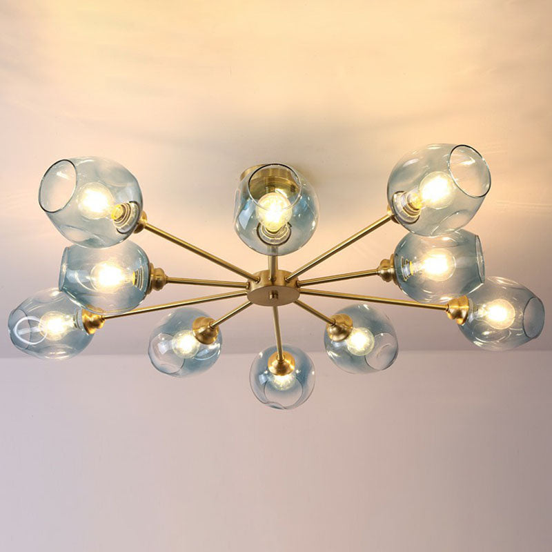 Postmodern Sputnik Ceiling Mount Chandelier Cup Glass Parlor Semi Flush Light in Brass 10 Blue Clearhalo 'Ceiling Lights' 'Close To Ceiling Lights' 'Close to ceiling' 'Semi-flushmount' Lighting' 2269152