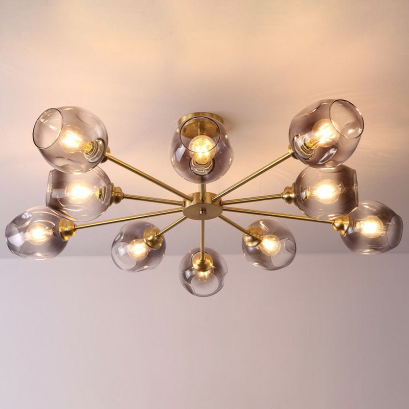 Postmodern Sputnik Ceiling Mount Chandelier Cup Glass Parlor Semi Flush Light in Brass 10 Black Clearhalo 'Ceiling Lights' 'Close To Ceiling Lights' 'Close to ceiling' 'Semi-flushmount' Lighting' 2269153