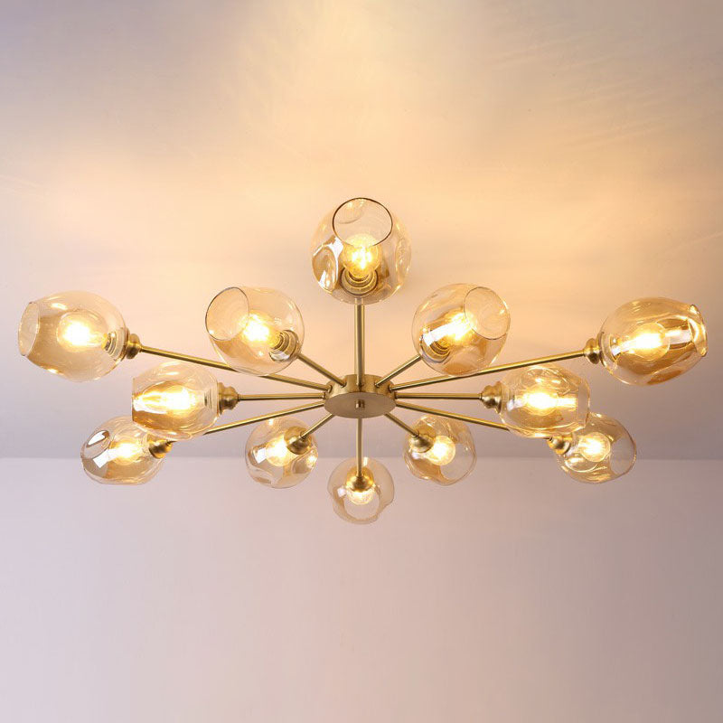 Postmodern Sputnik Ceiling Mount Chandelier Cup Glass Parlor Semi Flush Light in Brass 12 Amber Clearhalo 'Ceiling Lights' 'Close To Ceiling Lights' 'Close to ceiling' 'Semi-flushmount' Lighting' 2269154