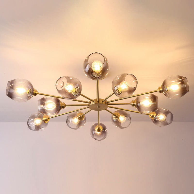 Postmodern Sputnik Ceiling Mount Chandelier Cup Glass Parlor Semi Flush Light in Brass 12 Black Clearhalo 'Ceiling Lights' 'Close To Ceiling Lights' 'Close to ceiling' 'Semi-flushmount' Lighting' 2269156