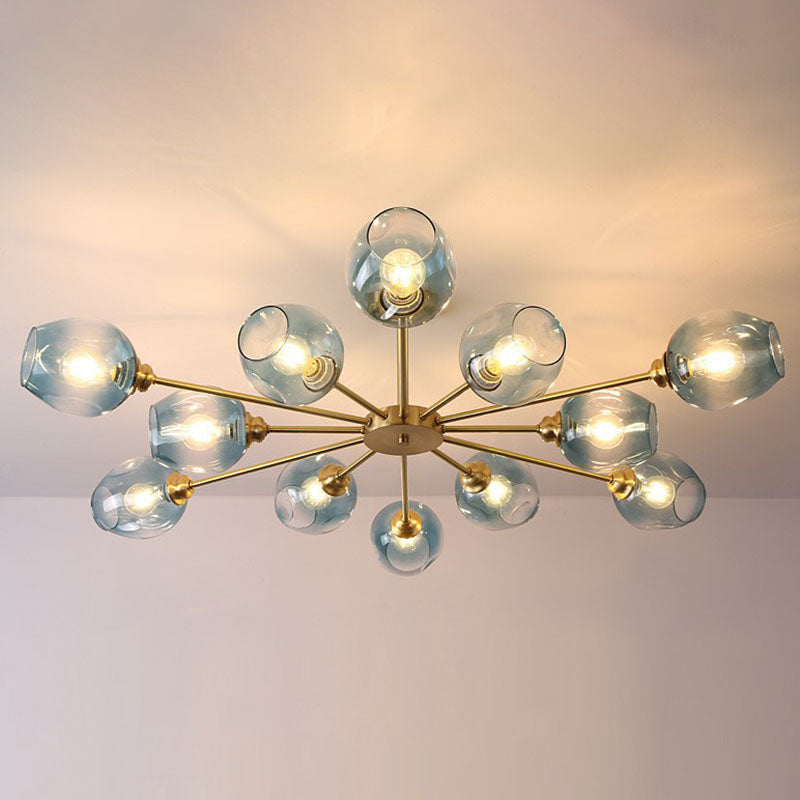 Postmodern Sputnik Ceiling Mount Chandelier Cup Glass Parlor Semi Flush Light in Brass 12 Blue Clearhalo 'Ceiling Lights' 'Close To Ceiling Lights' 'Close to ceiling' 'Semi-flushmount' Lighting' 2269157