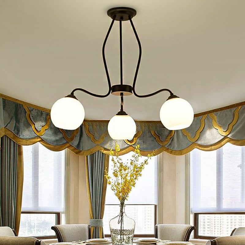 3/6/8 Lights Dining Room Ceiling Light Fixture Traditional Black Semi Flush with Spherical White Glass Shade Clearhalo 'Ceiling Lights' 'Close To Ceiling Lights' 'Close to ceiling' 'Glass shade' 'Glass' 'Semi-flushmount' Lighting' 226965