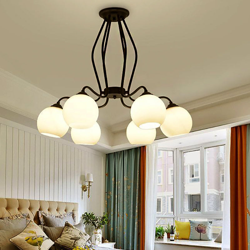 3/6/8 Lights Dining Room Ceiling Light Fixture Traditional Black Semi Flush with Spherical White Glass Shade 6 White Clearhalo 'Ceiling Lights' 'Close To Ceiling Lights' 'Close to ceiling' 'Glass shade' 'Glass' 'Semi-flushmount' Lighting' 226969