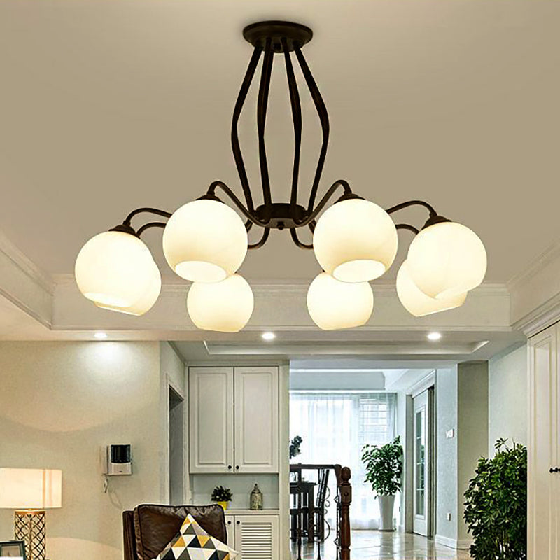 3/6/8 Lights Dining Room Ceiling Light Fixture Traditional Black Semi Flush with Spherical White Glass Shade 8 White Clearhalo 'Ceiling Lights' 'Close To Ceiling Lights' 'Close to ceiling' 'Glass shade' 'Glass' 'Semi-flushmount' Lighting' 226972