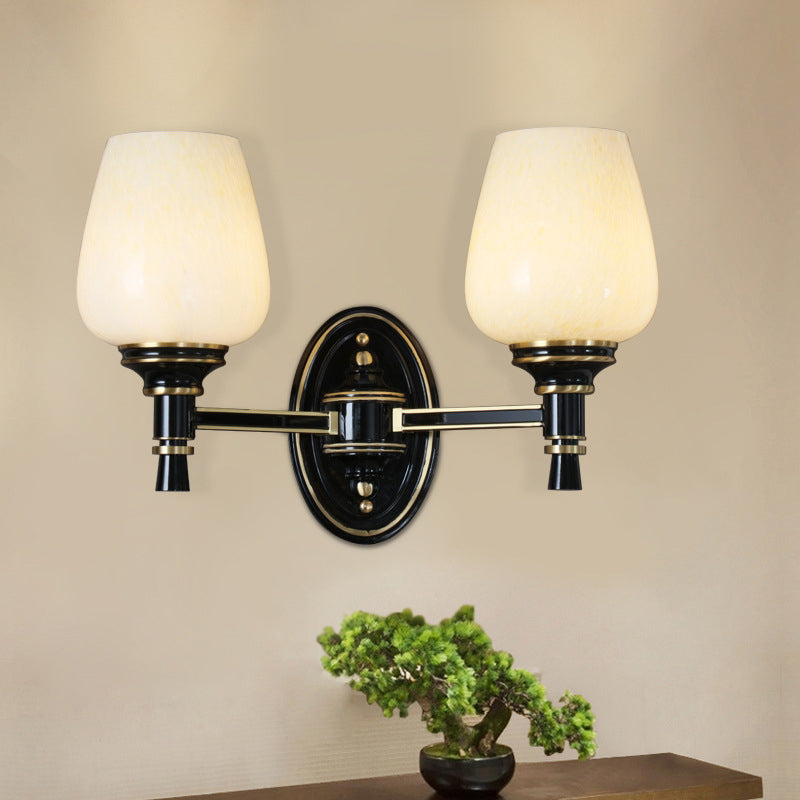 1/2-Bulb Wall Mount Light with Cone White Glass Shade Traditional Living Room Sconce Light in Black 2.0 Black Clearhalo 'Wall Lamps & Sconces' 'Wall Lights' Lighting' 226975