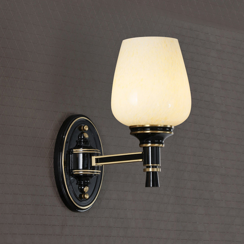 1/2-Bulb Wall Mount Light with Cone White Glass Shade Traditional Living Room Sconce Light in Black Clearhalo 'Wall Lamps & Sconces' 'Wall Lights' Lighting' 226982