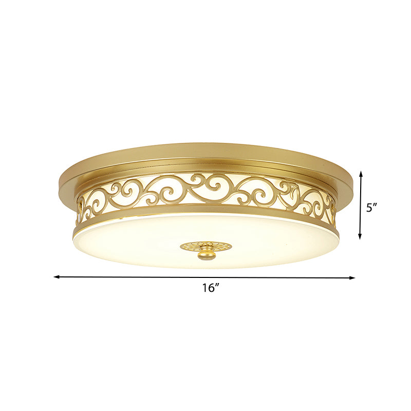 Gold Drum Flush Mount Lamp Classic White Glass LED 12"/16"/19.5" W Living Room Ceiling Light in White/Warm Light Clearhalo 'Ceiling Lights' 'Close To Ceiling Lights' 'Close to ceiling' 'Flush mount' Lighting' 227017