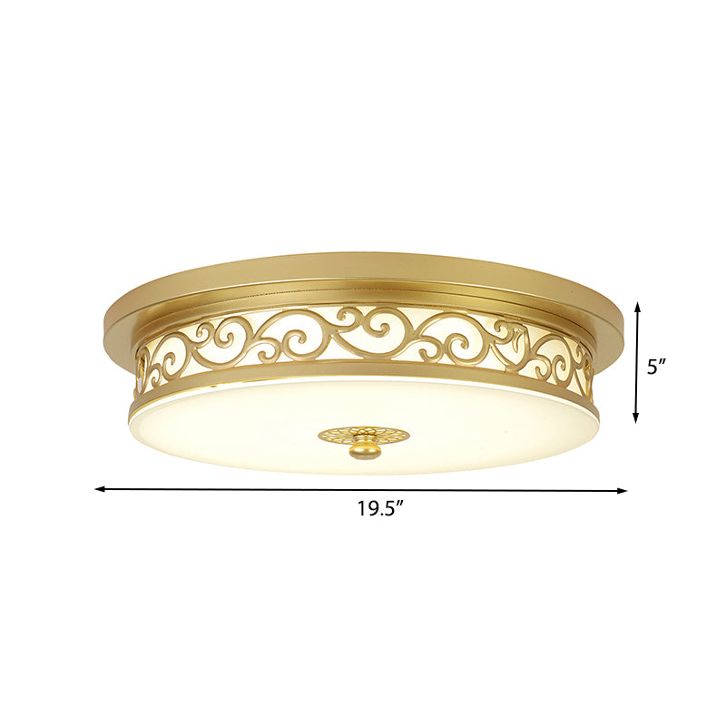 Gold Drum Flush Mount Lamp Classic White Glass LED 12"/16"/19.5" W Living Room Ceiling Light in White/Warm Light Clearhalo 'Ceiling Lights' 'Close To Ceiling Lights' 'Close to ceiling' 'Flush mount' Lighting' 227018