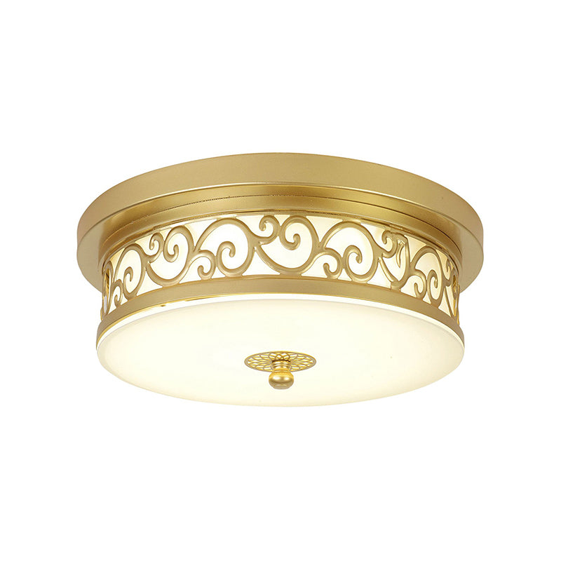 Gold Drum Flush Mount Lamp Classic White Glass LED 12"/16"/19.5" W Living Room Ceiling Light in White/Warm Light Clearhalo 'Ceiling Lights' 'Close To Ceiling Lights' 'Close to ceiling' 'Flush mount' Lighting' 227020