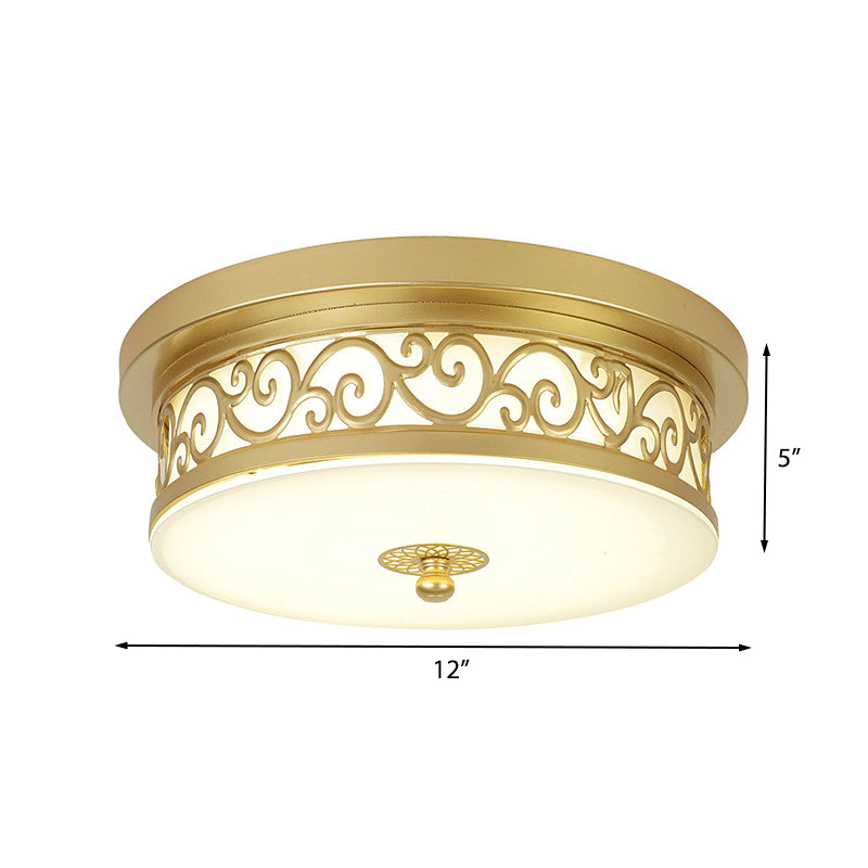 Gold Drum Flush Mount Lamp Classic White Glass LED 12"/16"/19.5" W Living Room Ceiling Light in White/Warm Light Clearhalo 'Ceiling Lights' 'Close To Ceiling Lights' 'Close to ceiling' 'Flush mount' Lighting' 227021