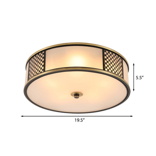 Brass Drum Flush Mount Lighting Traditional White Glass 5 Lights Living Room Ceiling Lamp, 16"/19.5" W Clearhalo 'Ceiling Lights' 'Close To Ceiling Lights' 'Close to ceiling' 'Flush mount' Lighting' 227039